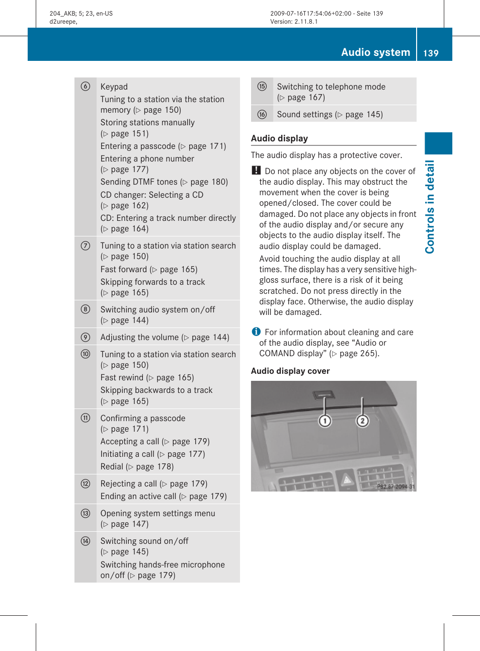 Opening button, Controls in detail, Audio system | Mercedes-Benz C-Class 2010 Owners Manual User Manual | Page 141 / 364