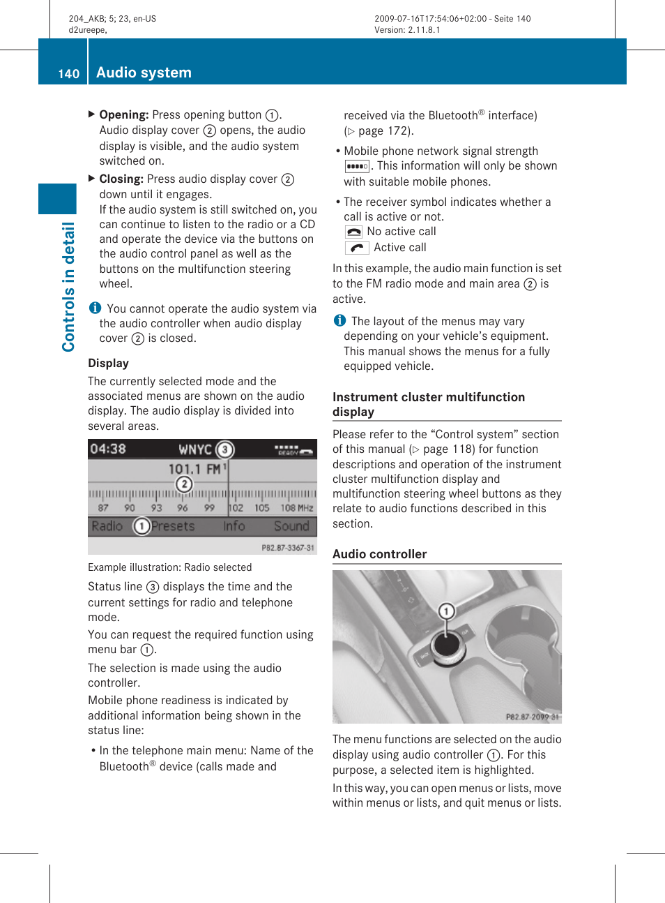 Audio controller, Controls in detail, Audio system | Mercedes-Benz C-Class 2010 Owners Manual User Manual | Page 142 / 364