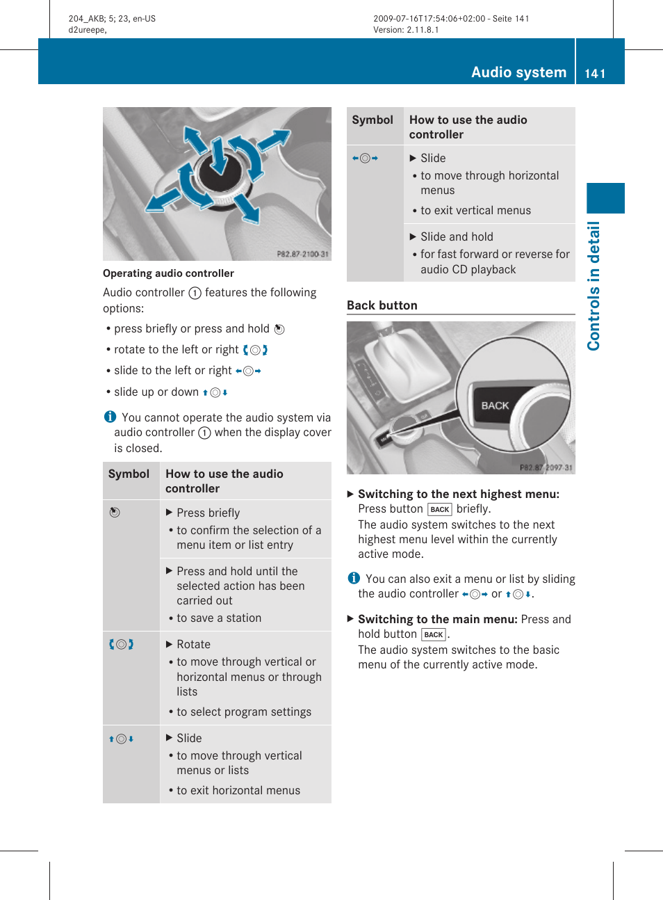 Controls in detail, Audio system | Mercedes-Benz C-Class 2010 Owners Manual User Manual | Page 143 / 364