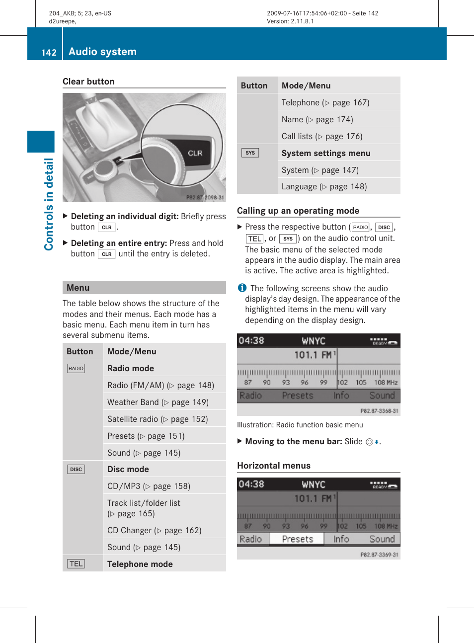 Menu, Clear button, Controls in detail | Audio system | Mercedes-Benz C-Class 2010 Owners Manual User Manual | Page 144 / 364