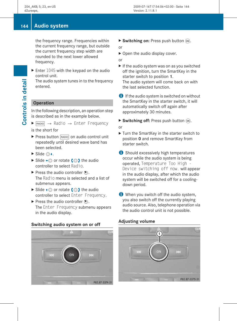 Operation, Switch on the audio system, Adjusting the volume | Controls in detail, Audio system | Mercedes-Benz C-Class 2010 Owners Manual User Manual | Page 146 / 364