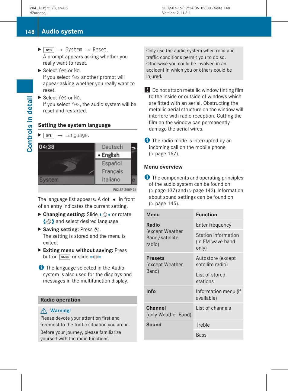 Radio operation, Language, Controls in detail | Audio system | Mercedes-Benz C-Class 2010 Owners Manual User Manual | Page 150 / 364