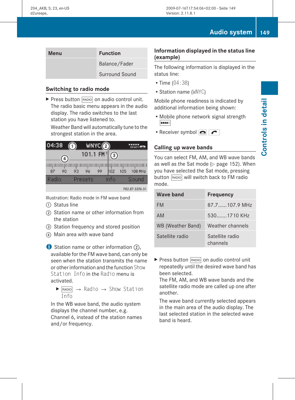 Weather band, Controls in detail, Audio system | Mercedes-Benz C-Class 2010 Owners Manual User Manual | Page 151 / 364