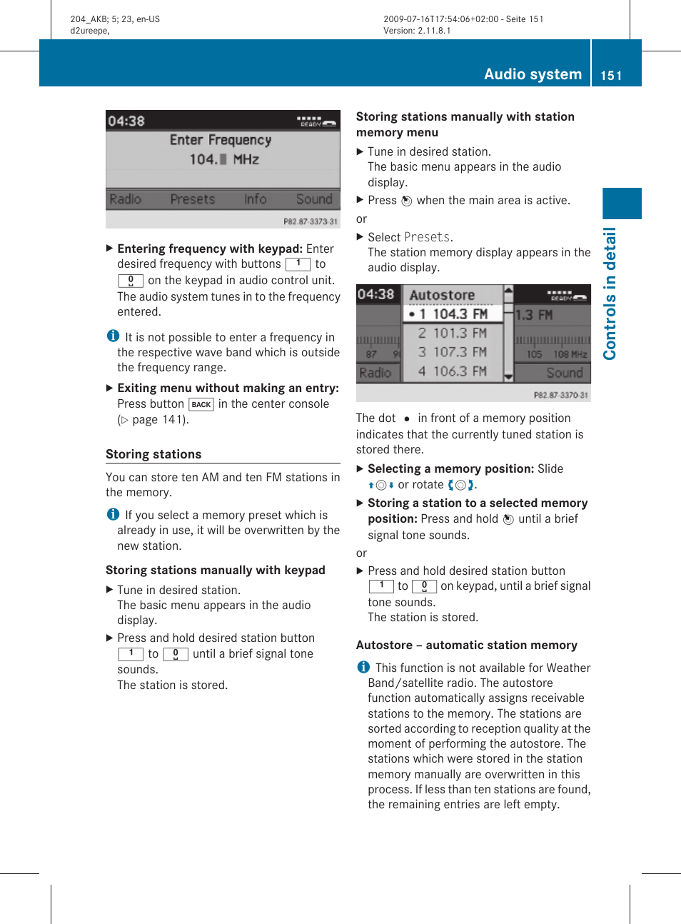 Presets, Controls in detail, Audio system | Mercedes-Benz C-Class 2010 Owners Manual User Manual | Page 153 / 364