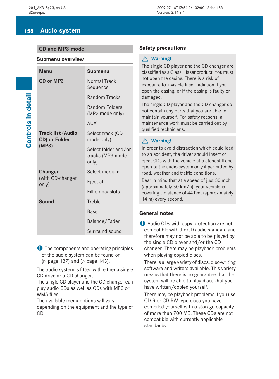 Cd and mp3 mode, Cd or mp3 mode, Cd/mp3 | Controls in detail, Audio system | Mercedes-Benz C-Class 2010 Owners Manual User Manual | Page 160 / 364