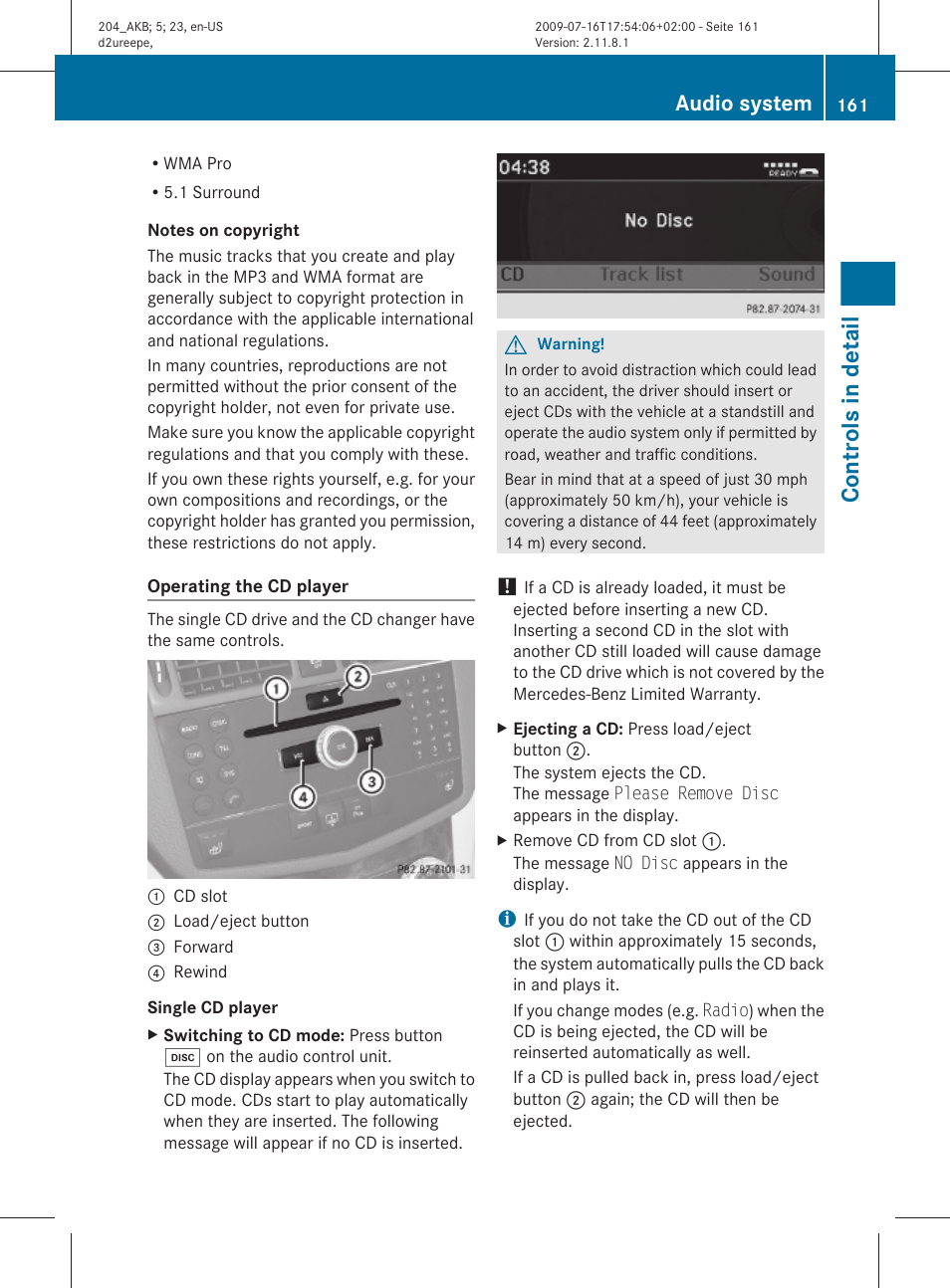 Controls in detail, Audio system | Mercedes-Benz C-Class 2010 Owners Manual User Manual | Page 163 / 364