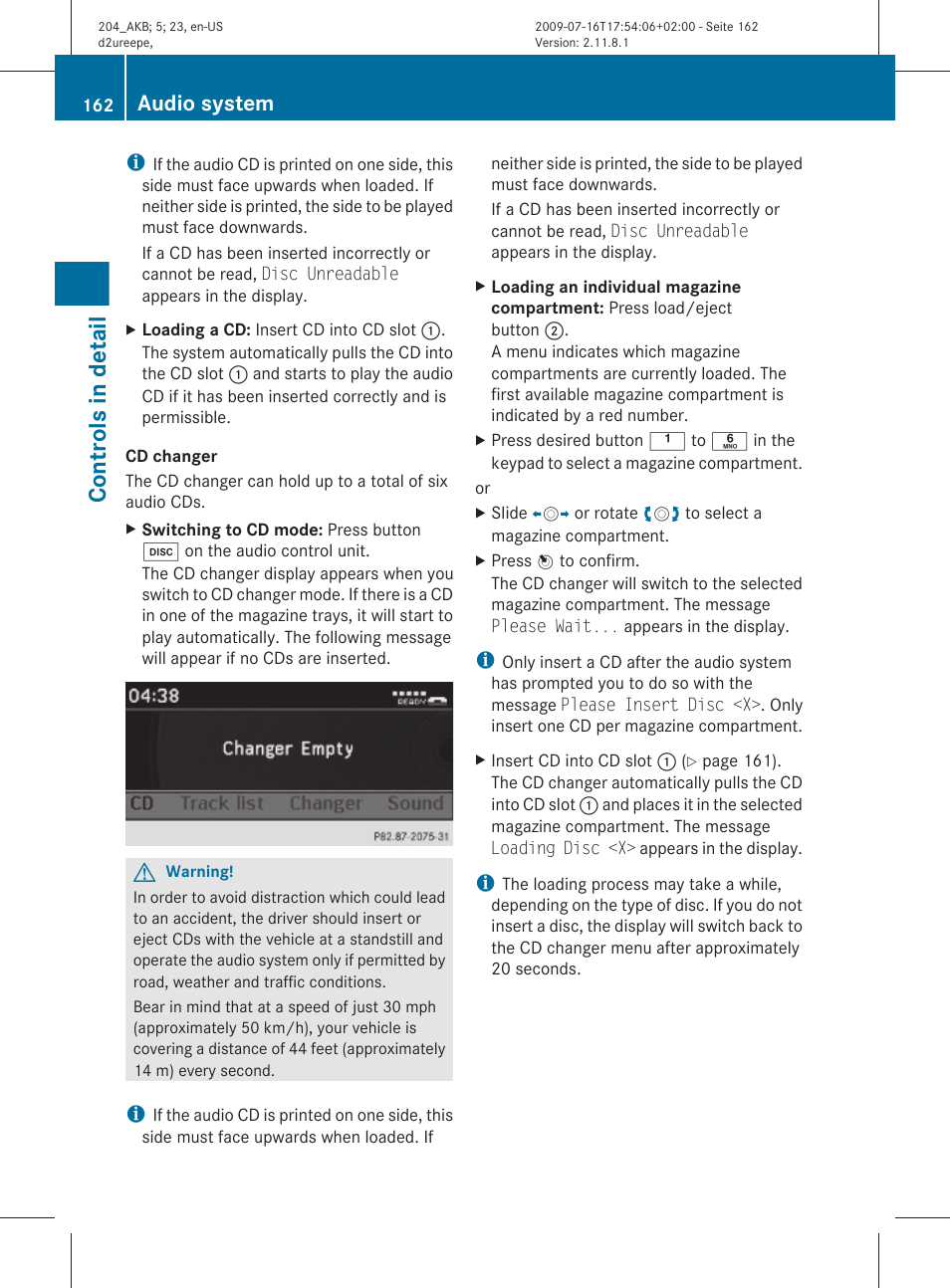 Cd changer, Controls in detail, Audio system | Mercedes-Benz C-Class 2010 Owners Manual User Manual | Page 164 / 364