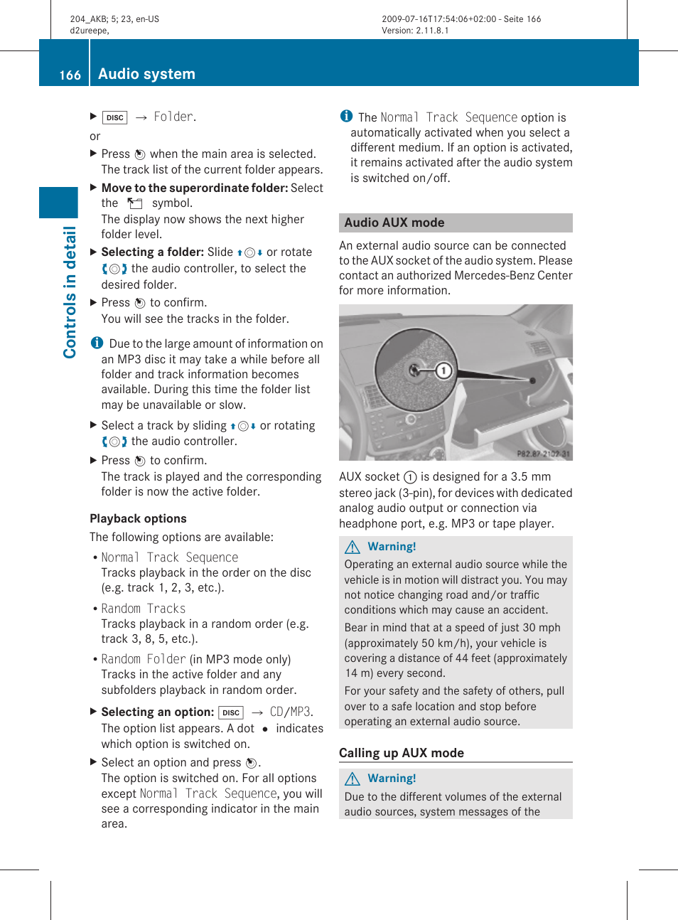 Audio aux mode, Controls in detail, Audio system | Mercedes-Benz C-Class 2010 Owners Manual User Manual | Page 168 / 364