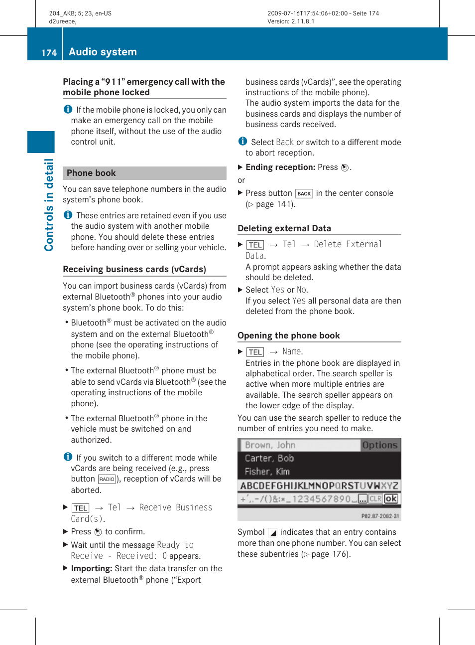 Phone book, Name, Controls in detail | Audio system | Mercedes-Benz C-Class 2010 Owners Manual User Manual | Page 176 / 364