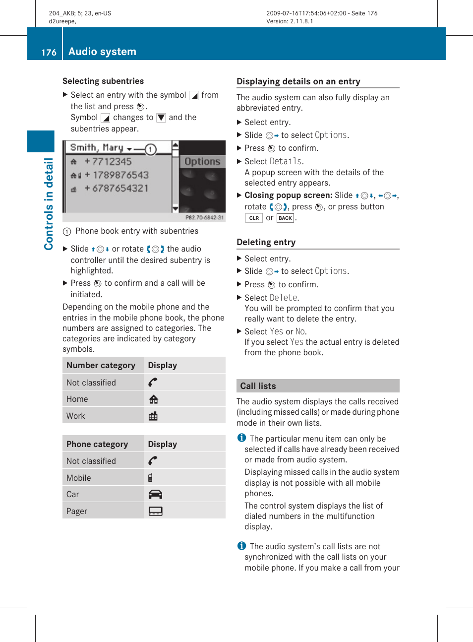 Call lists, These subentries, Controls in detail | Audio system | Mercedes-Benz C-Class 2010 Owners Manual User Manual | Page 178 / 364
