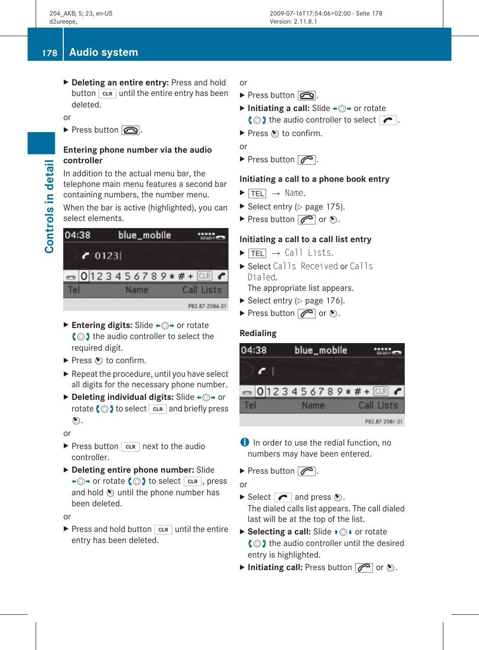 Entire entries, Controls in detail, Audio system | Mercedes-Benz C-Class 2010 Owners Manual User Manual | Page 180 / 364