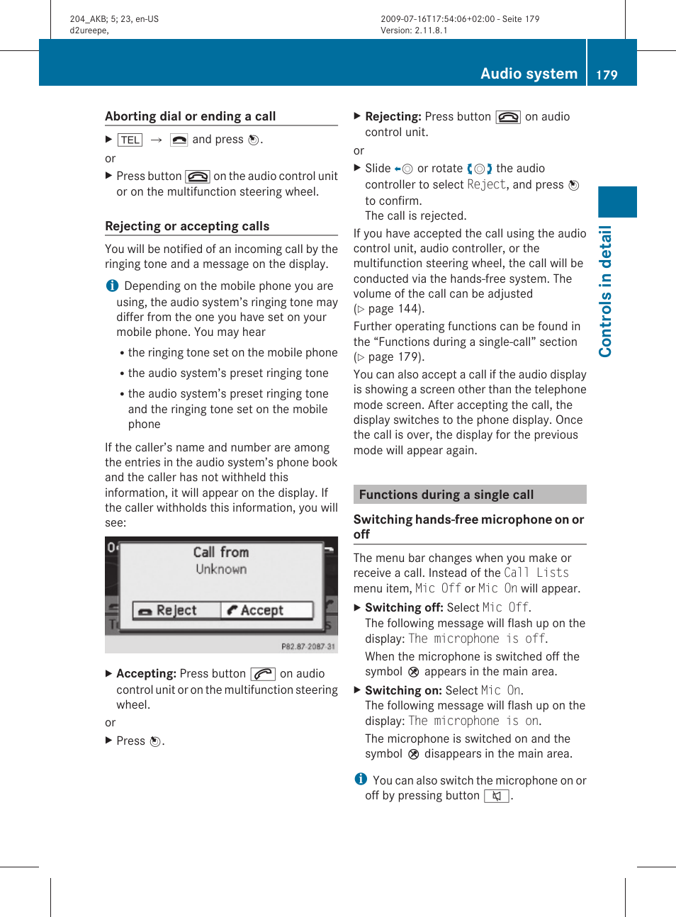 Functions during a single call, Accepting a call, Rejecting a call | Ending an active call, On/off, Controls in detail, Audio system | Mercedes-Benz C-Class 2010 Owners Manual User Manual | Page 181 / 364