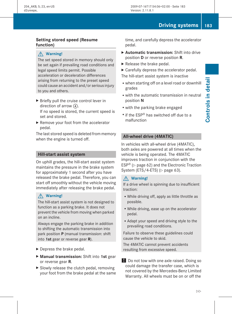 Hill-start assist system, All-wheel drive (4matic), Start assist system | Controls in detail, Driving systems | Mercedes-Benz C-Class 2010 Owners Manual User Manual | Page 185 / 364