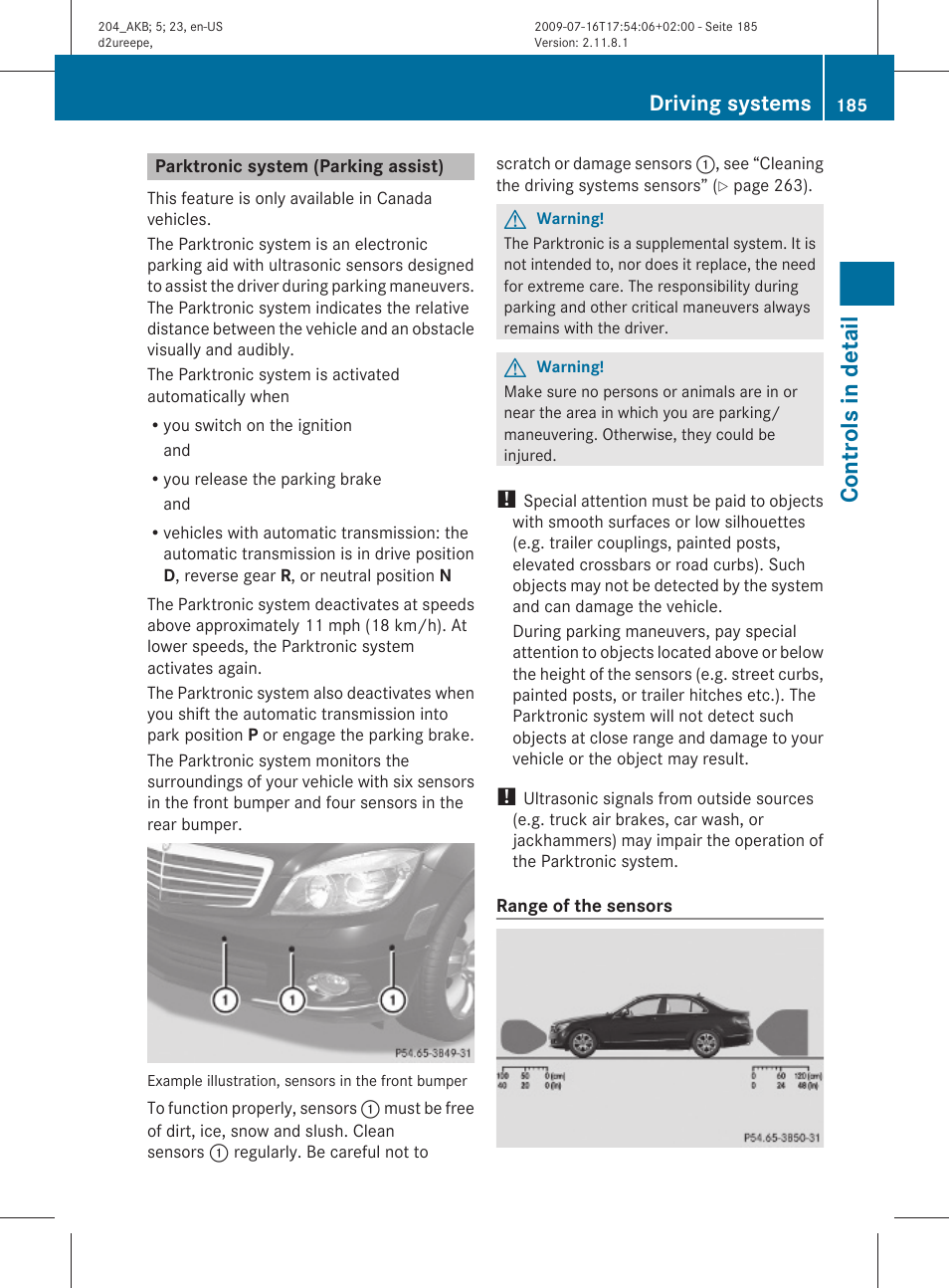 Parktronic system (parking assist), Controls in detail, Driving systems | Mercedes-Benz C-Class 2010 Owners Manual User Manual | Page 187 / 364