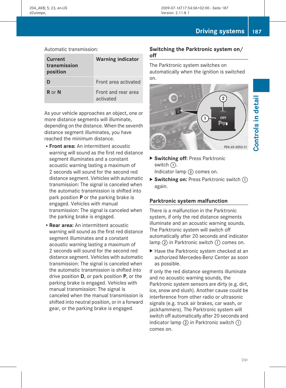Controls in detail, Driving systems | Mercedes-Benz C-Class 2010 Owners Manual User Manual | Page 189 / 364