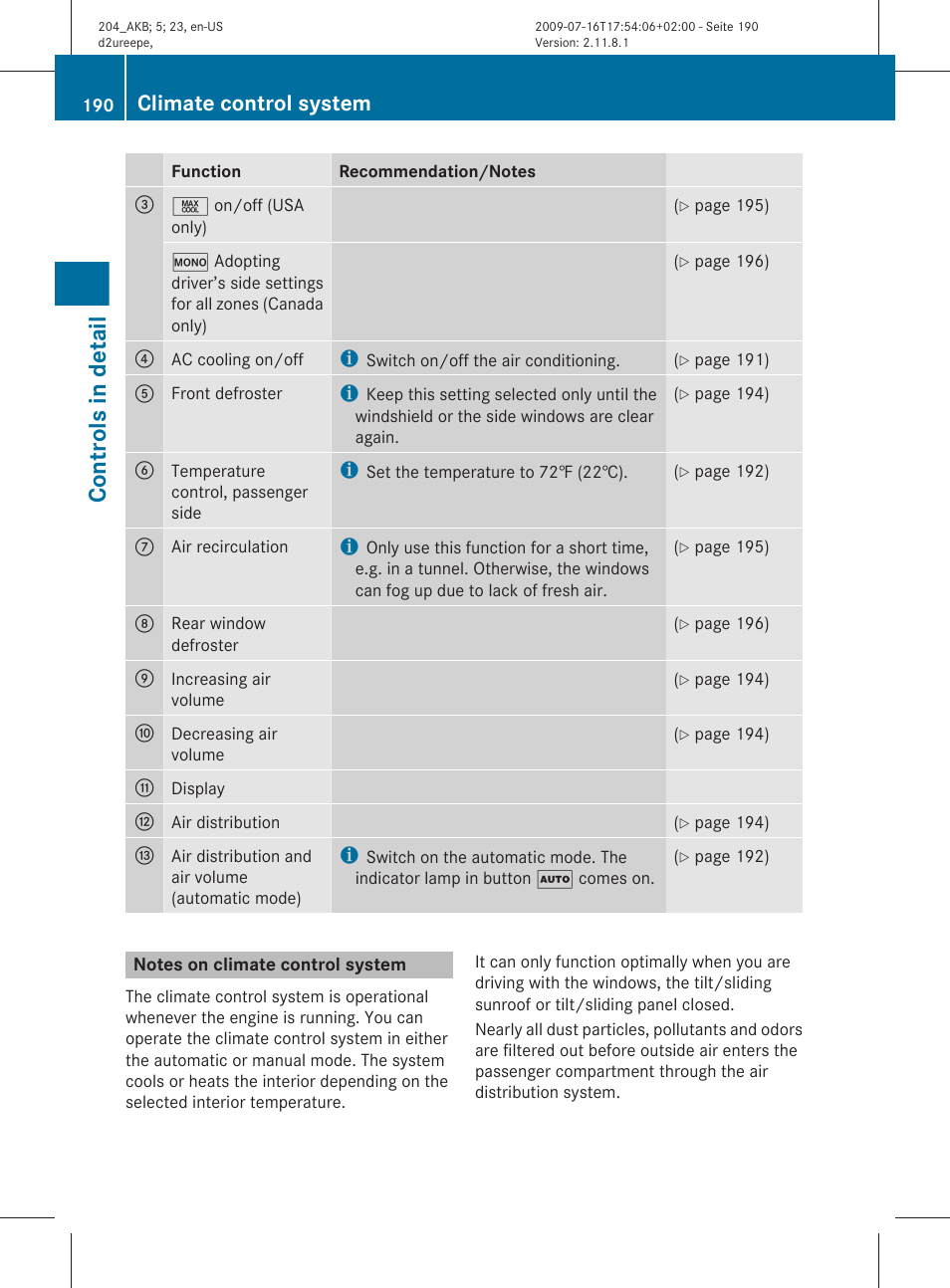 Notes on climate control system, Controls in detail, Climate control system | Mercedes-Benz C-Class 2010 Owners Manual User Manual | Page 192 / 364