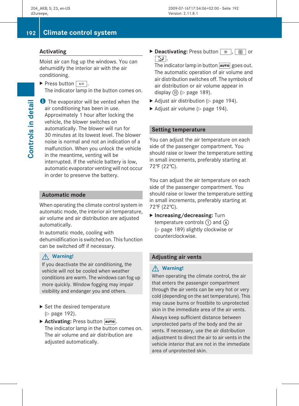 Automatic mode, Setting temperature, Adjusting air vents | Controls in detail, Climate control system | Mercedes-Benz C-Class 2010 Owners Manual User Manual | Page 194 / 364