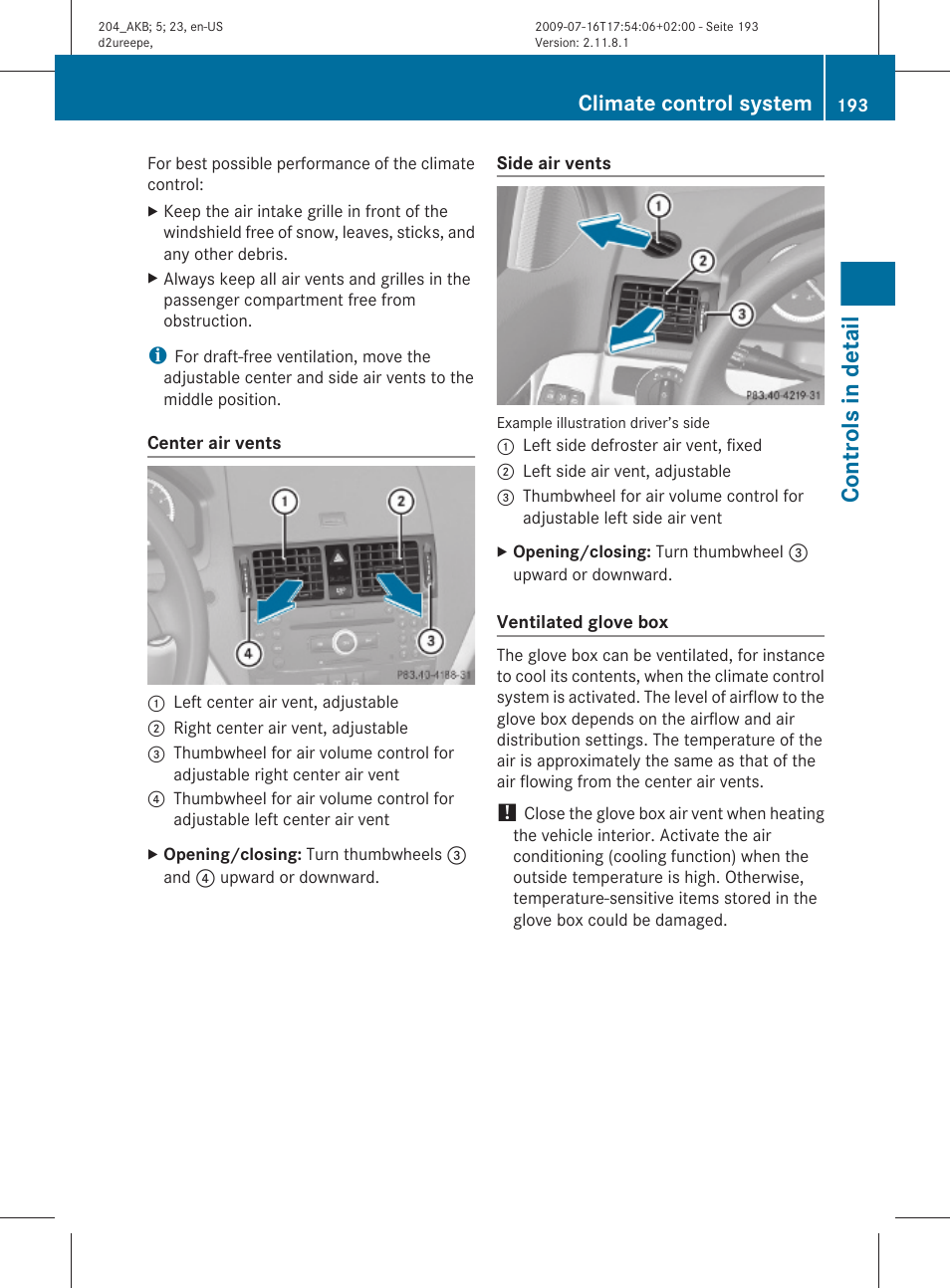 Controls in detail, Climate control system | Mercedes-Benz C-Class 2010 Owners Manual User Manual | Page 195 / 364