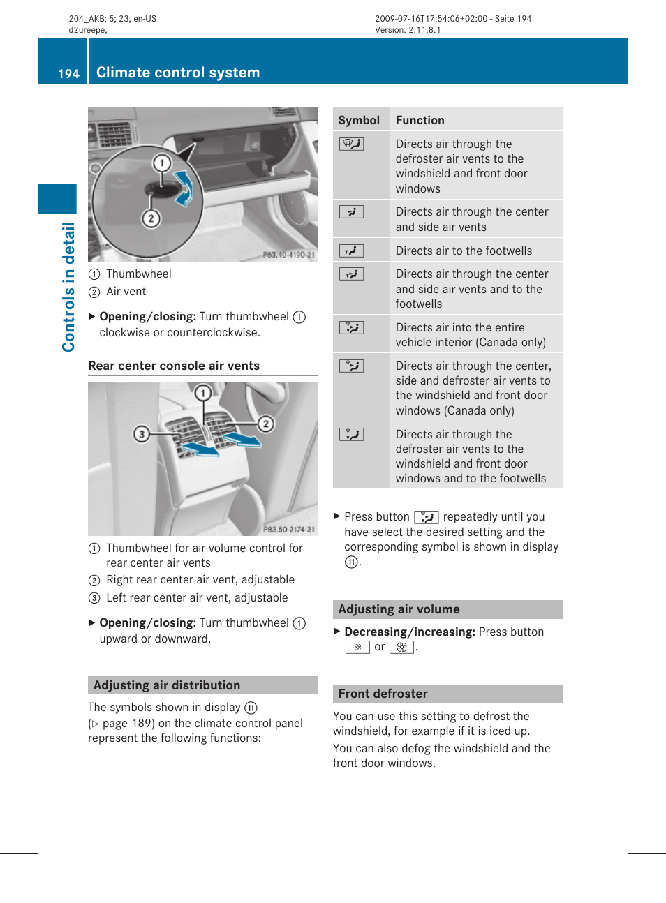 Adjusting air distribution, Adjusting air volume, Front defroster | Adjust air distribution, Adjust air volume, Controls in detail, Climate control system | Mercedes-Benz C-Class 2010 Owners Manual User Manual | Page 196 / 364