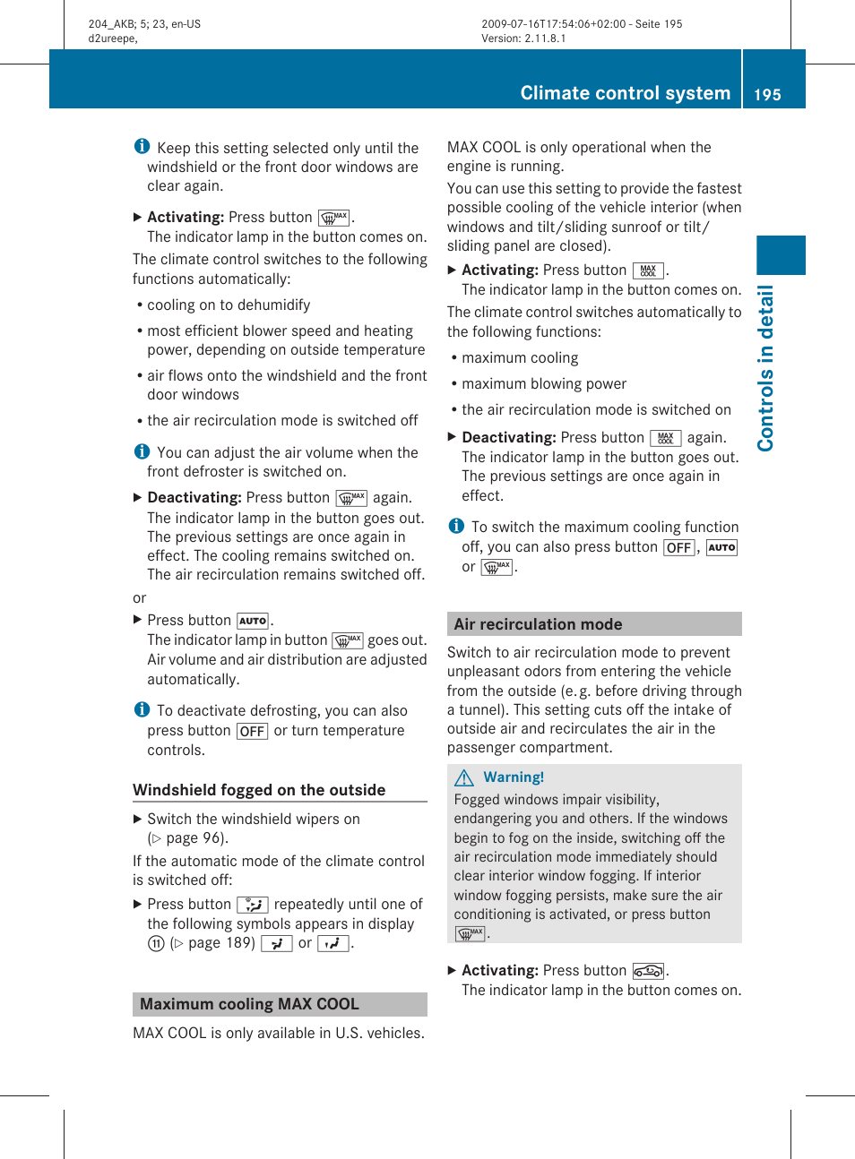 Maximum cooling max cool, Air recirculation mode, Controls in detail | Climate control system | Mercedes-Benz C-Class 2010 Owners Manual User Manual | Page 197 / 364