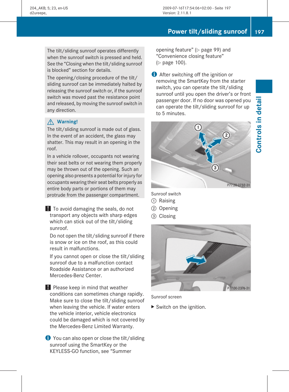Controls in detail, Power tilt/sliding sunroof | Mercedes-Benz C-Class 2010 Owners Manual User Manual | Page 199 / 364