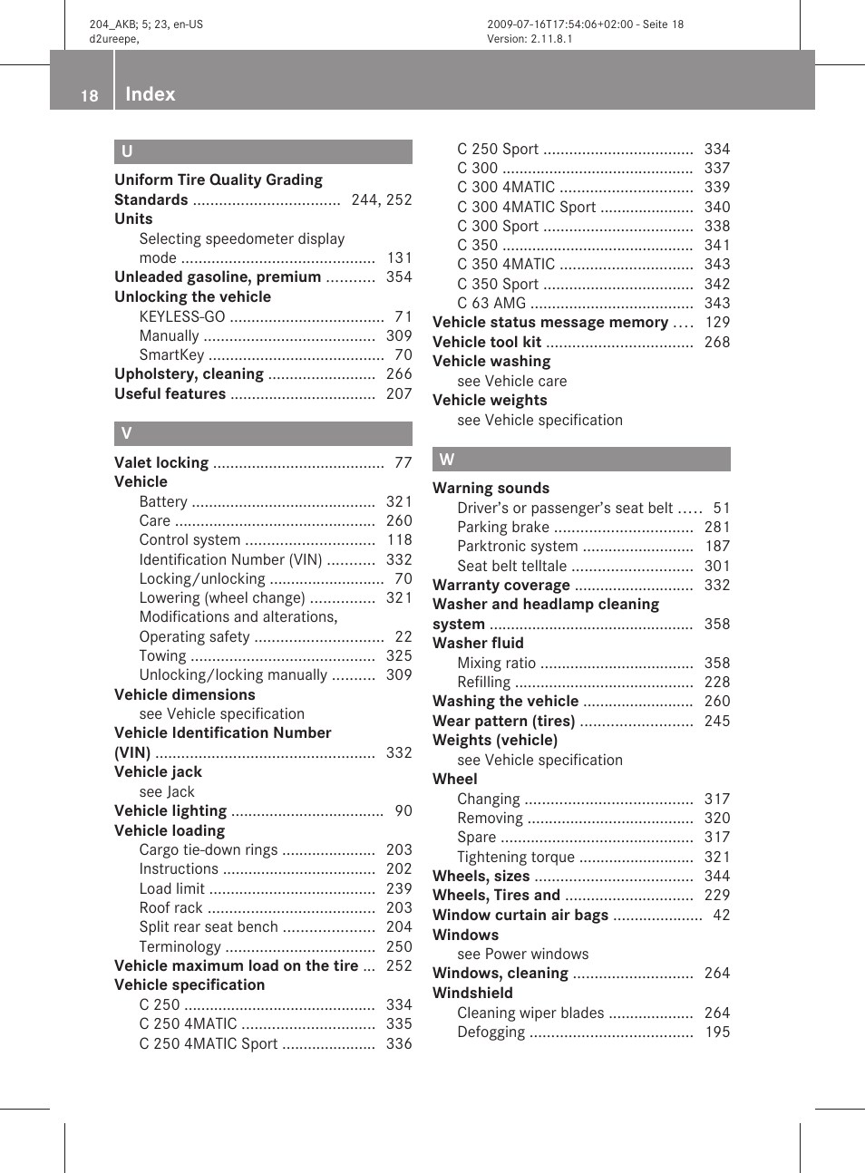 Index | Mercedes-Benz C-Class 2010 Owners Manual User Manual | Page 20 / 364