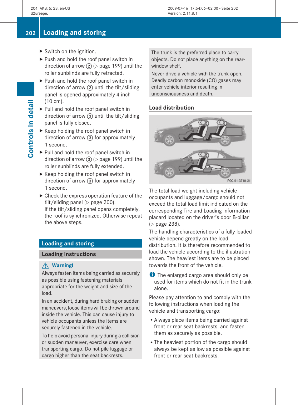 Loading and storing, Loading instructions, Controls in detail | Mercedes-Benz C-Class 2010 Owners Manual User Manual | Page 204 / 364