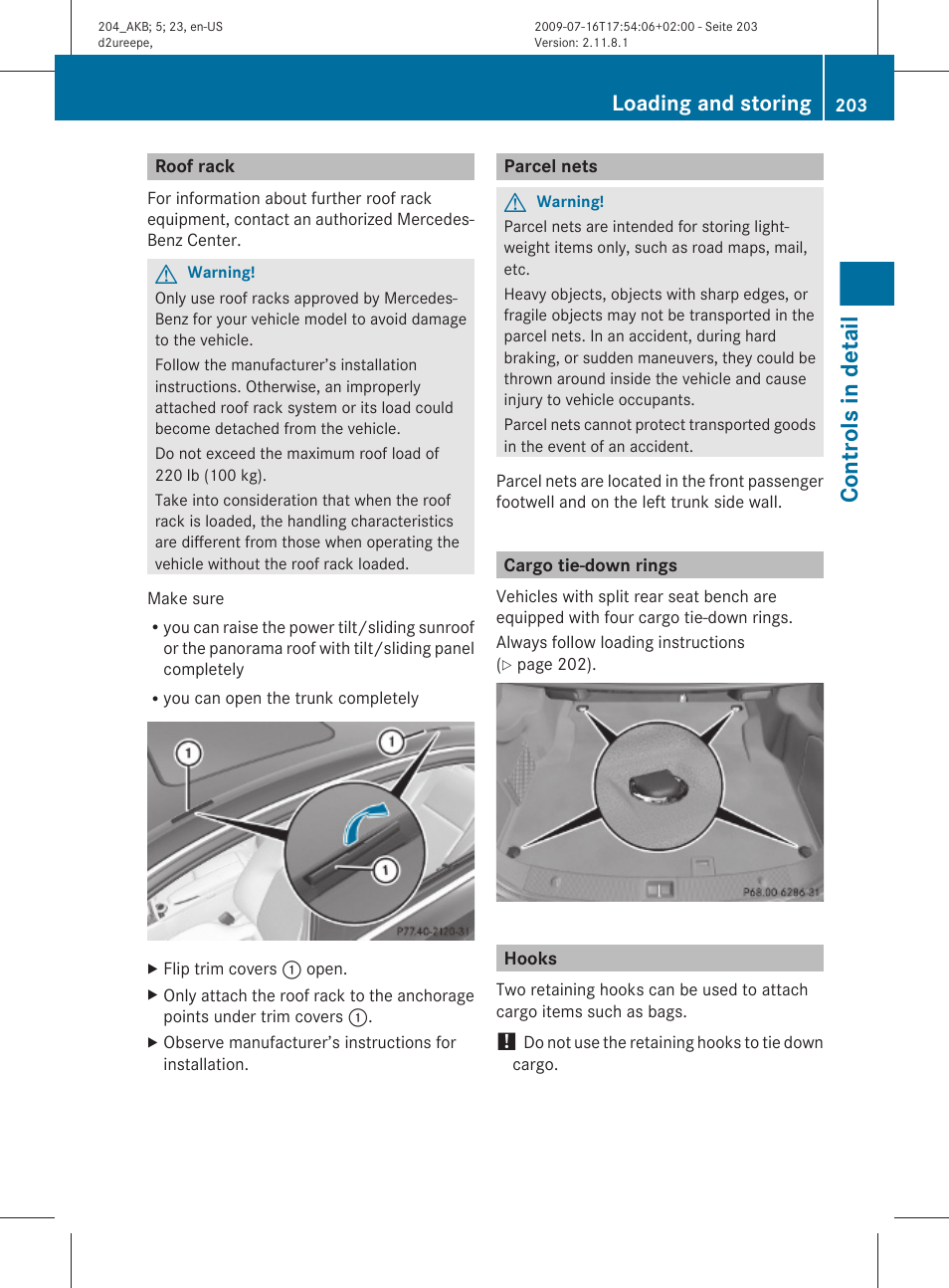 Roof rack, Parcel nets, Cargo tie-down rings | Hooks, Controls in detail, Loading and storing | Mercedes-Benz C-Class 2010 Owners Manual User Manual | Page 205 / 364