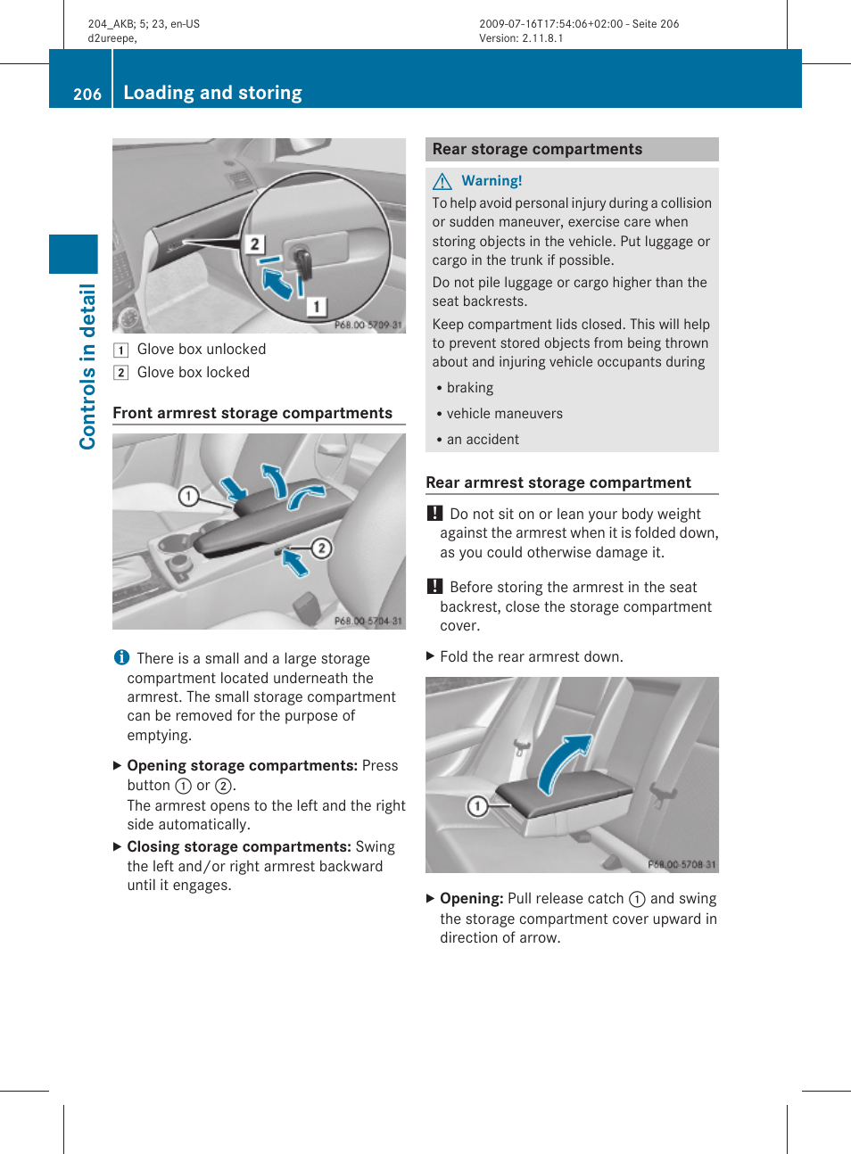 Rear storage compartments, Controls in detail, Loading and storing | Mercedes-Benz C-Class 2010 Owners Manual User Manual | Page 208 / 364