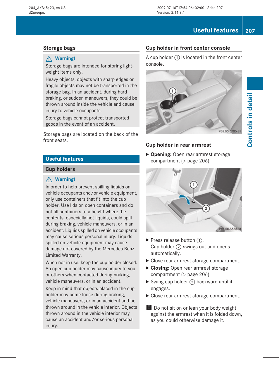 Useful features, Cup holders, Controls in detail | Mercedes-Benz C-Class 2010 Owners Manual User Manual | Page 209 / 364