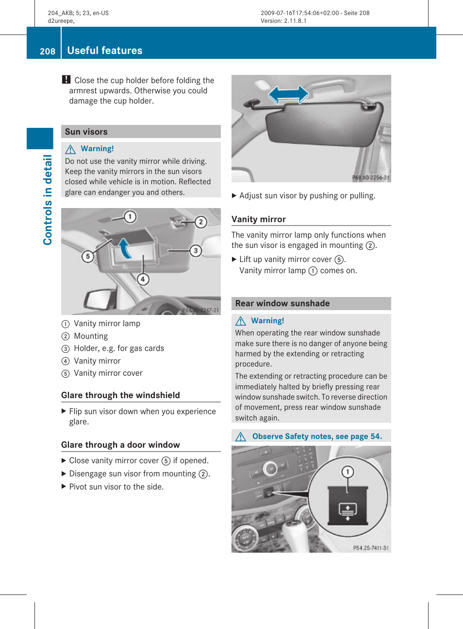 Sun visors, Rear window sunshade, Controls in detail | Useful features | Mercedes-Benz C-Class 2010 Owners Manual User Manual | Page 210 / 364