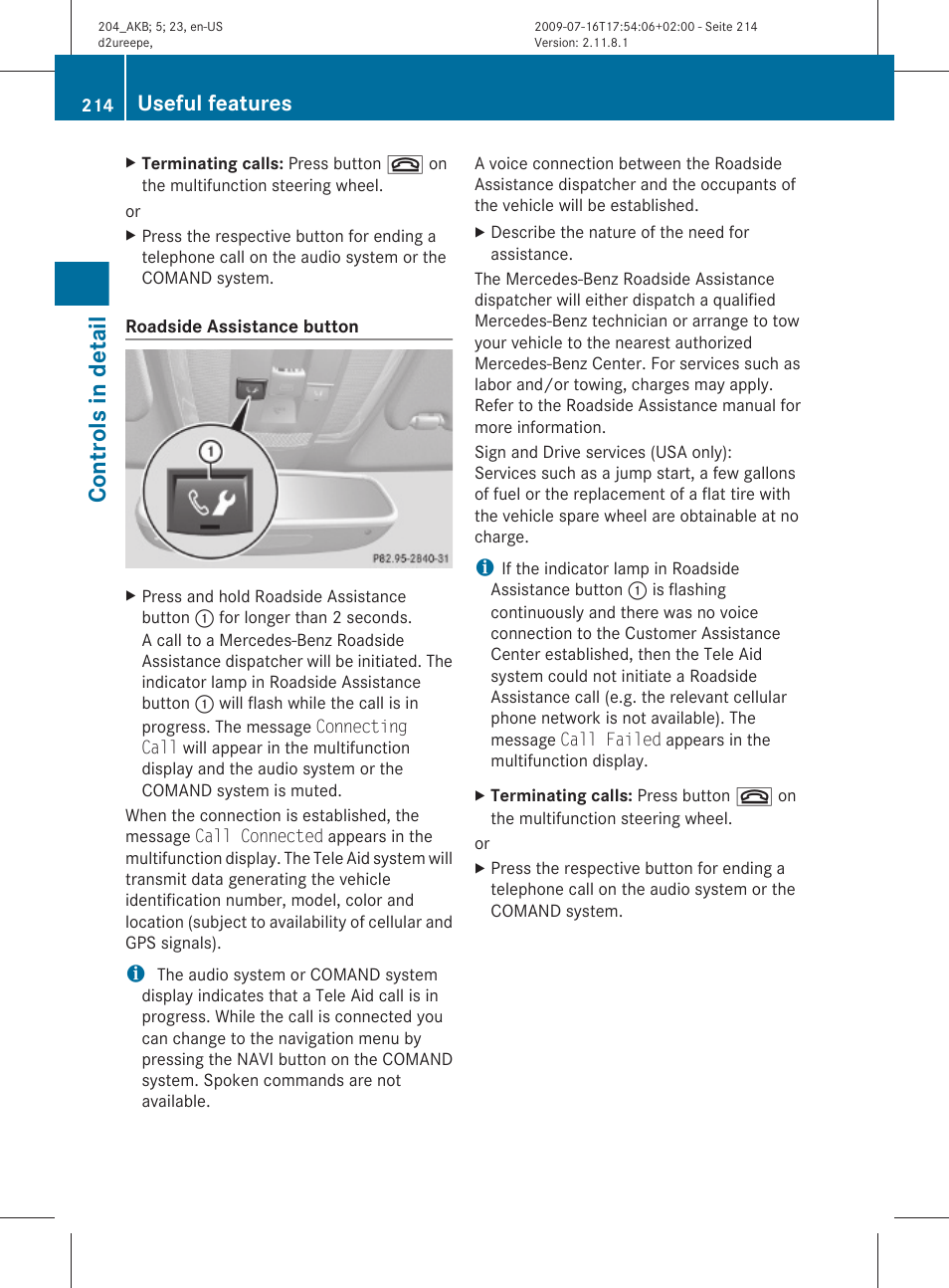 Controls in detail, Useful features | Mercedes-Benz C-Class 2010 Owners Manual User Manual | Page 216 / 364