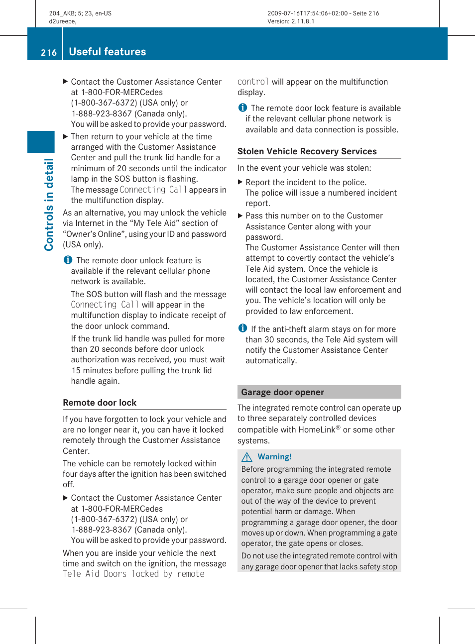 Garage door opener, Controls in detail, Useful features | Mercedes-Benz C-Class 2010 Owners Manual User Manual | Page 218 / 364