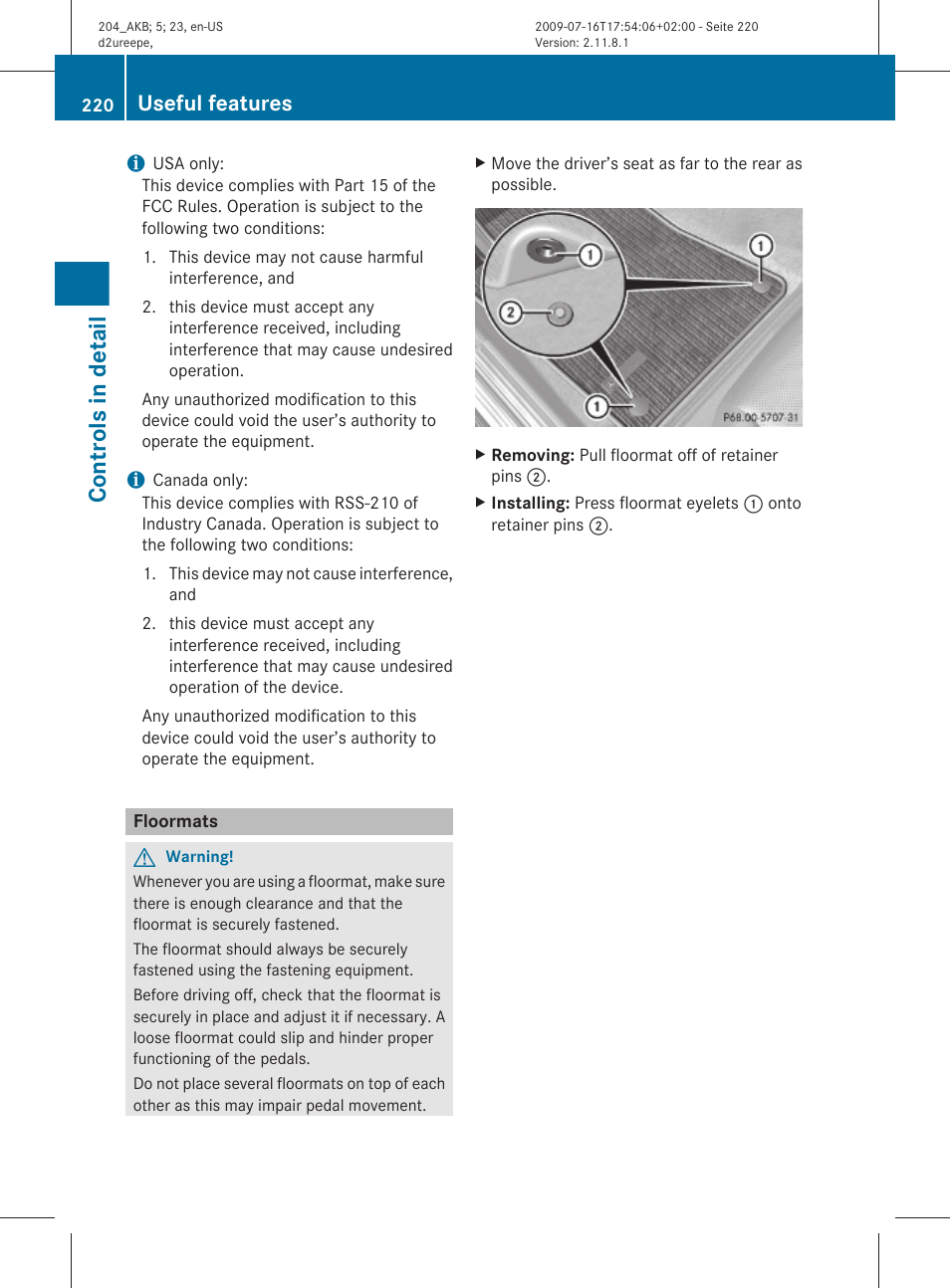 Floormats, Controls in detail, Useful features | Mercedes-Benz C-Class 2010 Owners Manual User Manual | Page 222 / 364