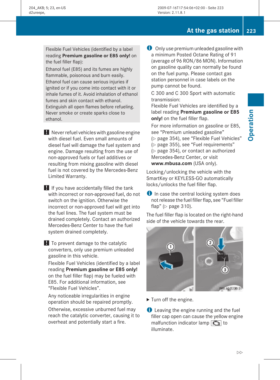 Operation, At the gas station | Mercedes-Benz C-Class 2010 Owners Manual User Manual | Page 225 / 364