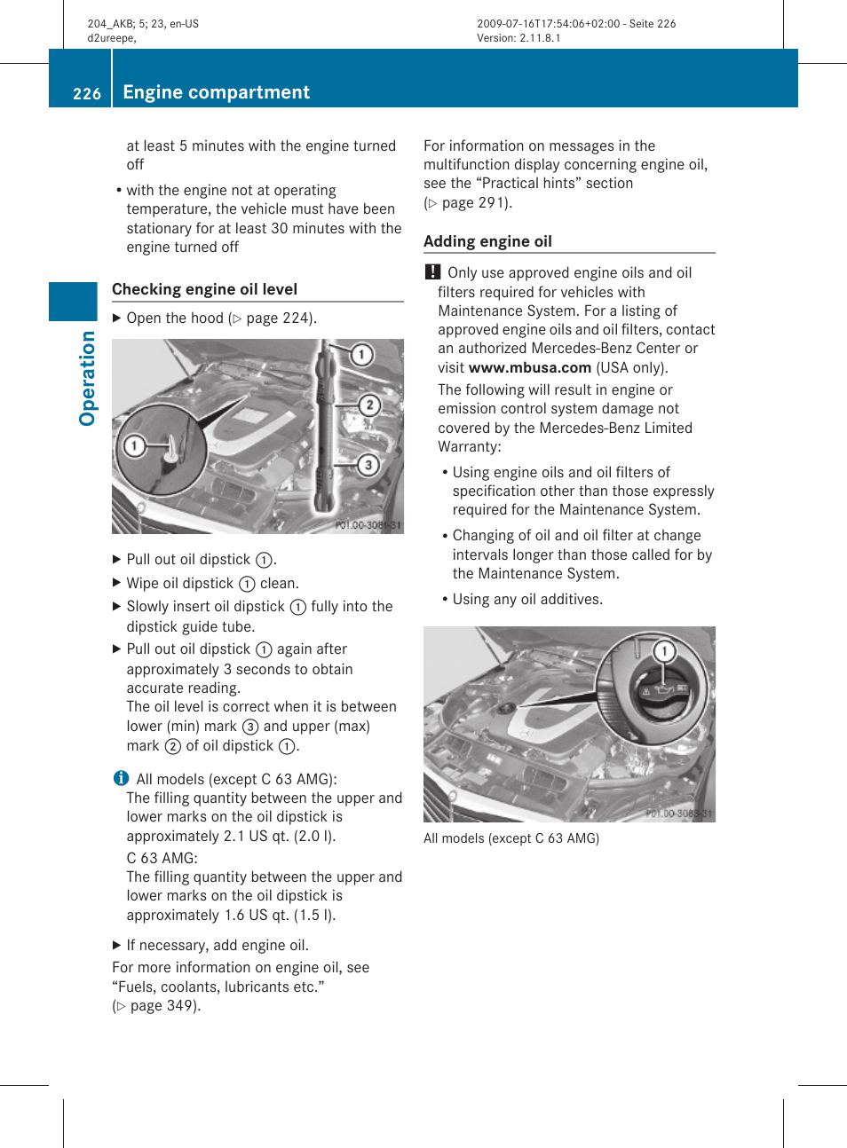 Operation, Engine compartment | Mercedes-Benz C-Class 2010 Owners Manual User Manual | Page 228 / 364