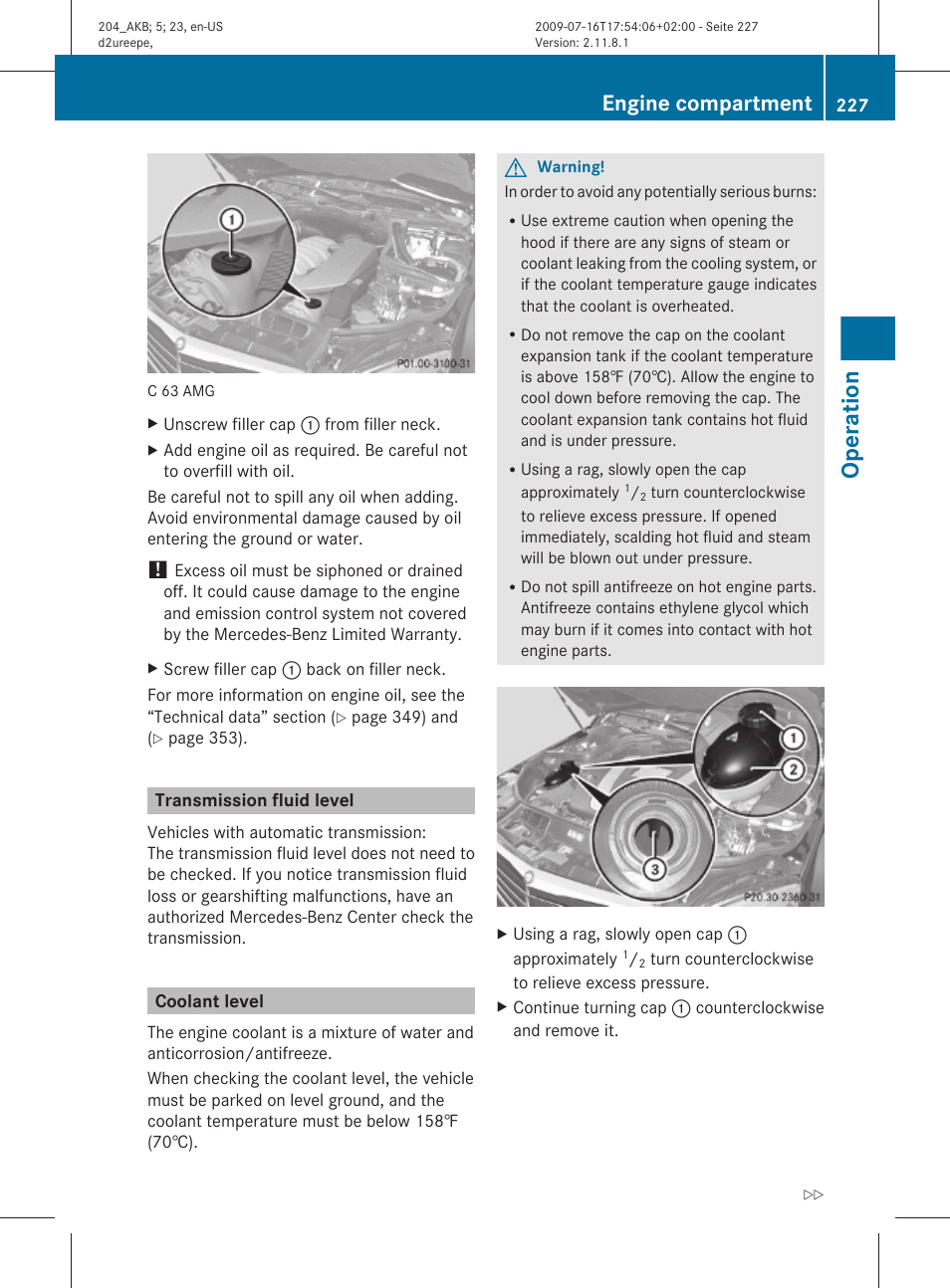 Transmission fluid level, Coolant level, Operation | Engine compartment | Mercedes-Benz C-Class 2010 Owners Manual User Manual | Page 229 / 364