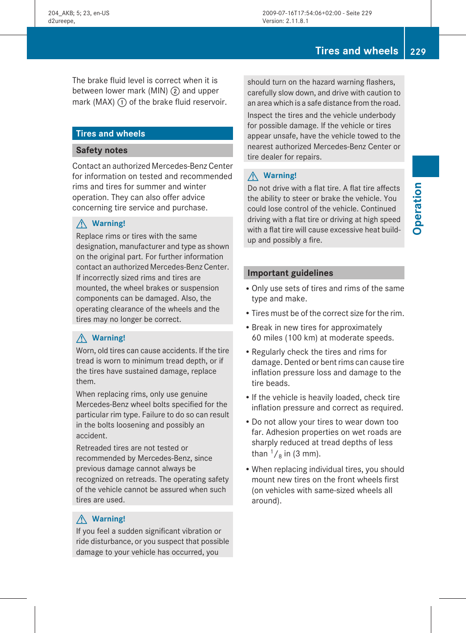 Tires and wheels, Safety notes, Important guidelines | Operation | Mercedes-Benz C-Class 2010 Owners Manual User Manual | Page 231 / 364