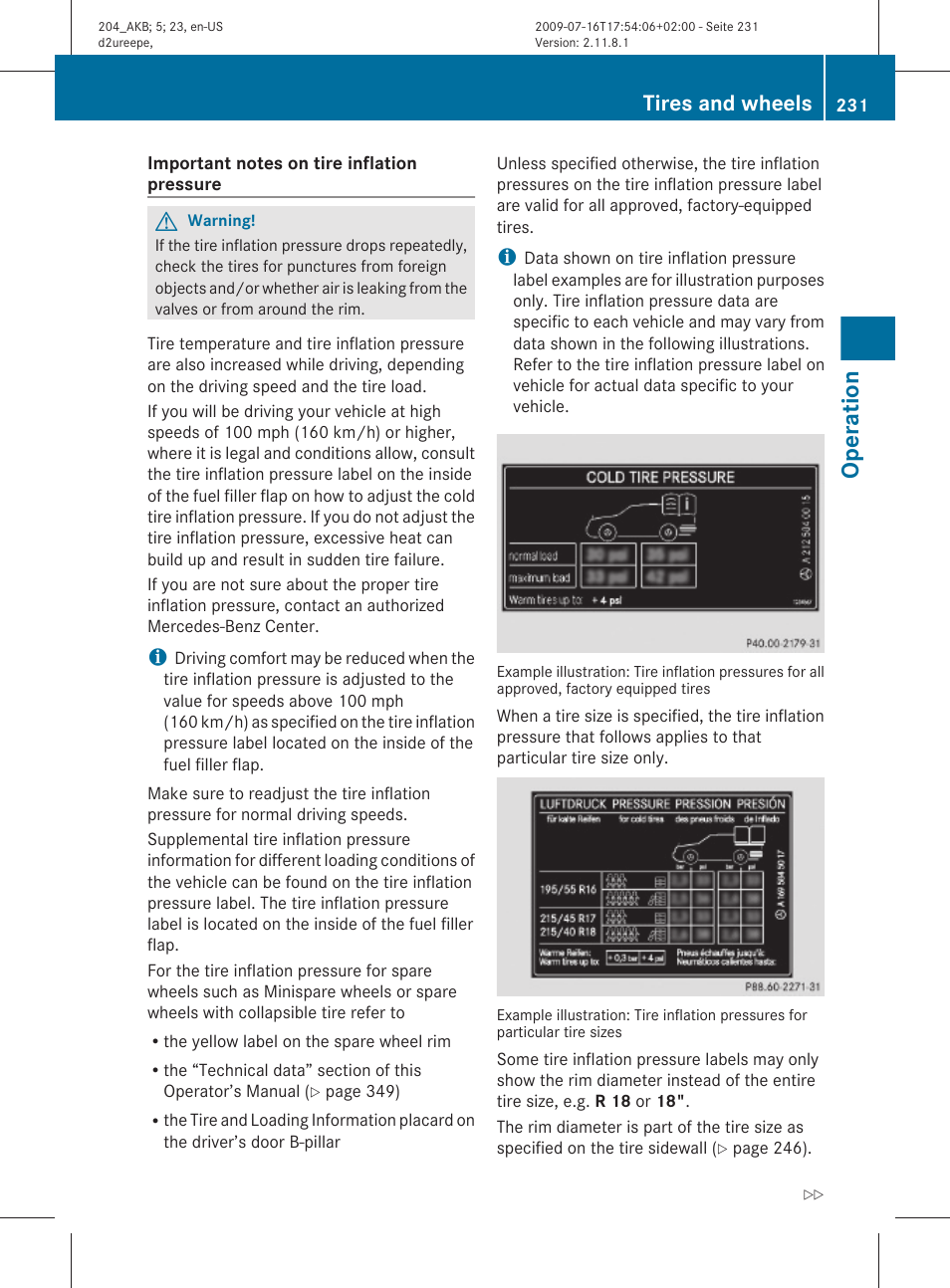 Inflation pressure, Operation, Tires and wheels | Mercedes-Benz C-Class 2010 Owners Manual User Manual | Page 233 / 364