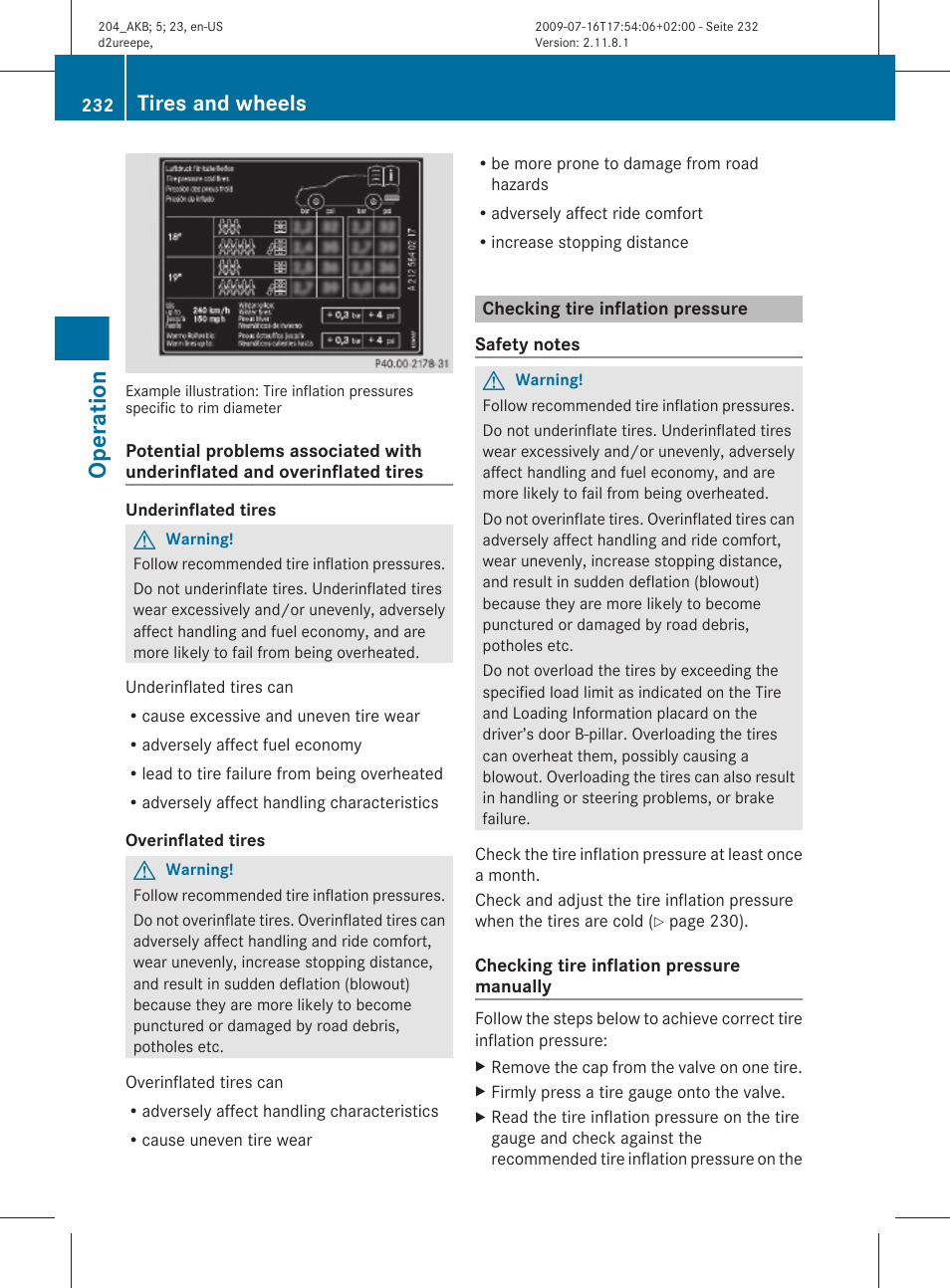 Checking tire inflation pressure, Tire inflation pressure, Operation | Tires and wheels | Mercedes-Benz C-Class 2010 Owners Manual User Manual | Page 234 / 364