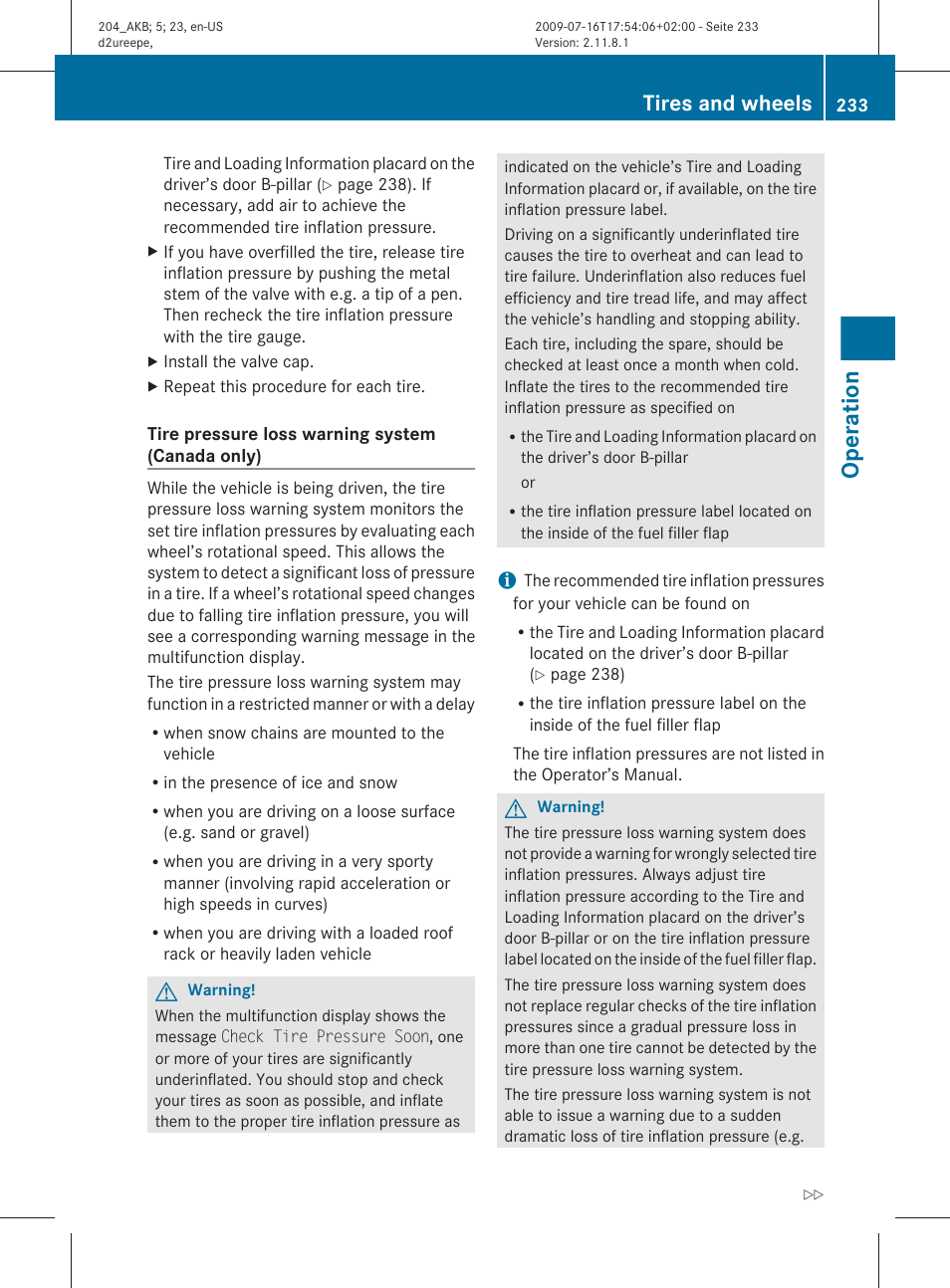 Operation, Tires and wheels | Mercedes-Benz C-Class 2010 Owners Manual User Manual | Page 235 / 364