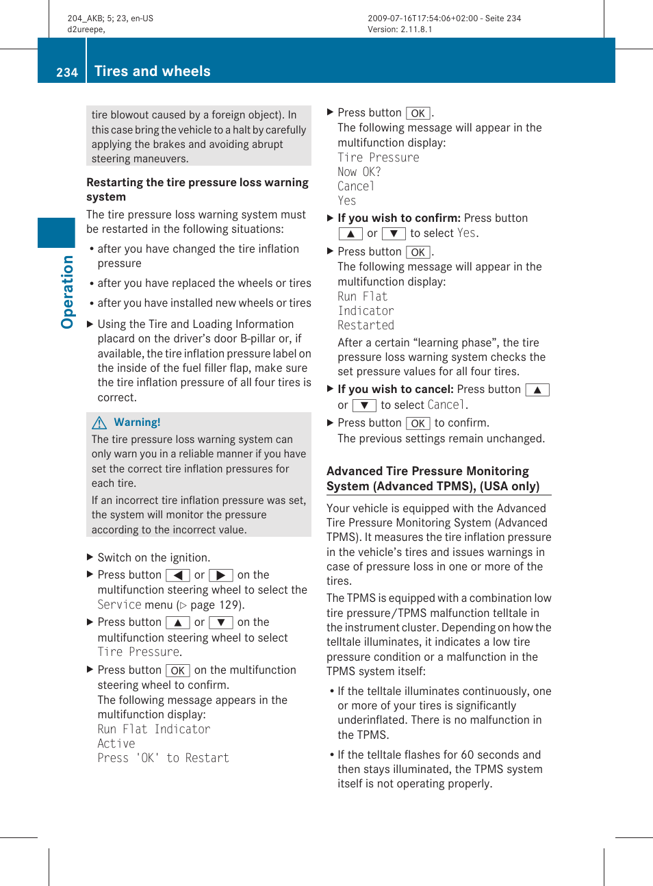 System (canada only), Usa only), Operation | Tires and wheels | Mercedes-Benz C-Class 2010 Owners Manual User Manual | Page 236 / 364