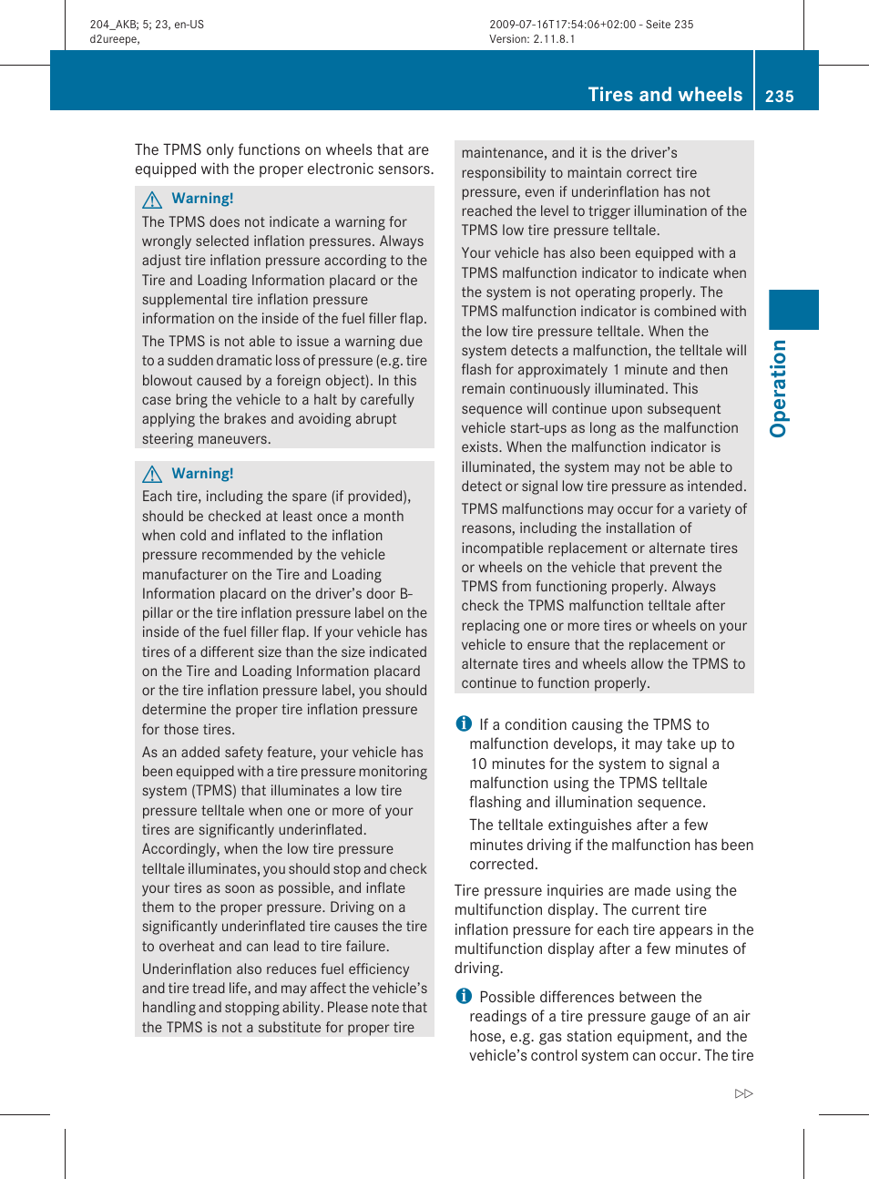 Operation, Tires and wheels | Mercedes-Benz C-Class 2010 Owners Manual User Manual | Page 237 / 364