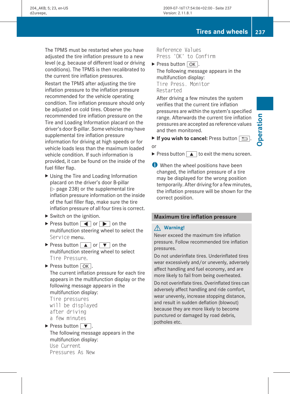 Maximum tire inflation pressure, Operation, Tires and wheels | Mercedes-Benz C-Class 2010 Owners Manual User Manual | Page 239 / 364