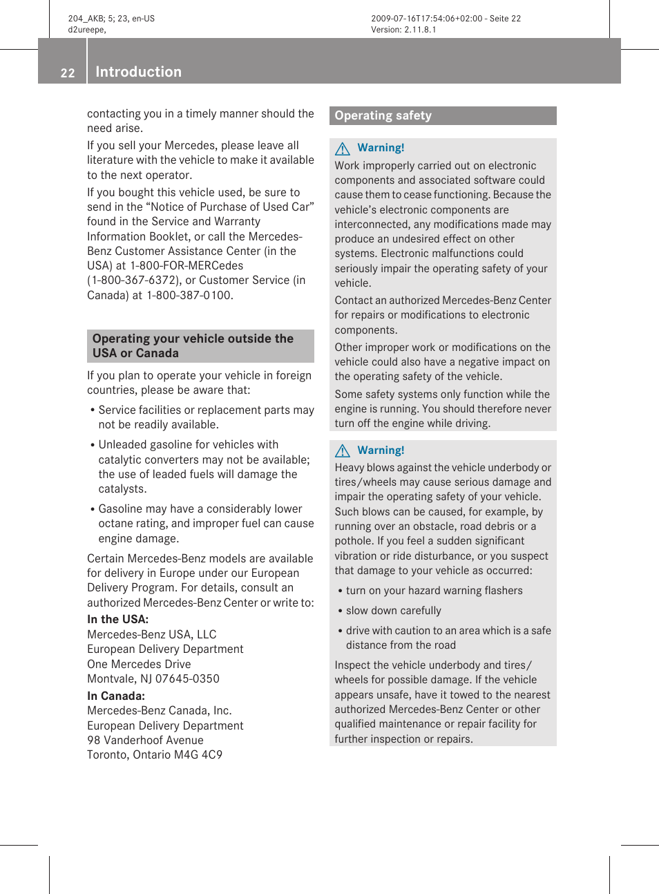 Operating your vehicle outside the usa or canada, Operating safety, Introduction | Mercedes-Benz C-Class 2010 Owners Manual User Manual | Page 24 / 364