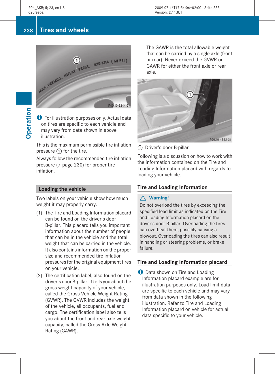 Loading the vehicle, Operation, Tires and wheels | Mercedes-Benz C-Class 2010 Owners Manual User Manual | Page 240 / 364
