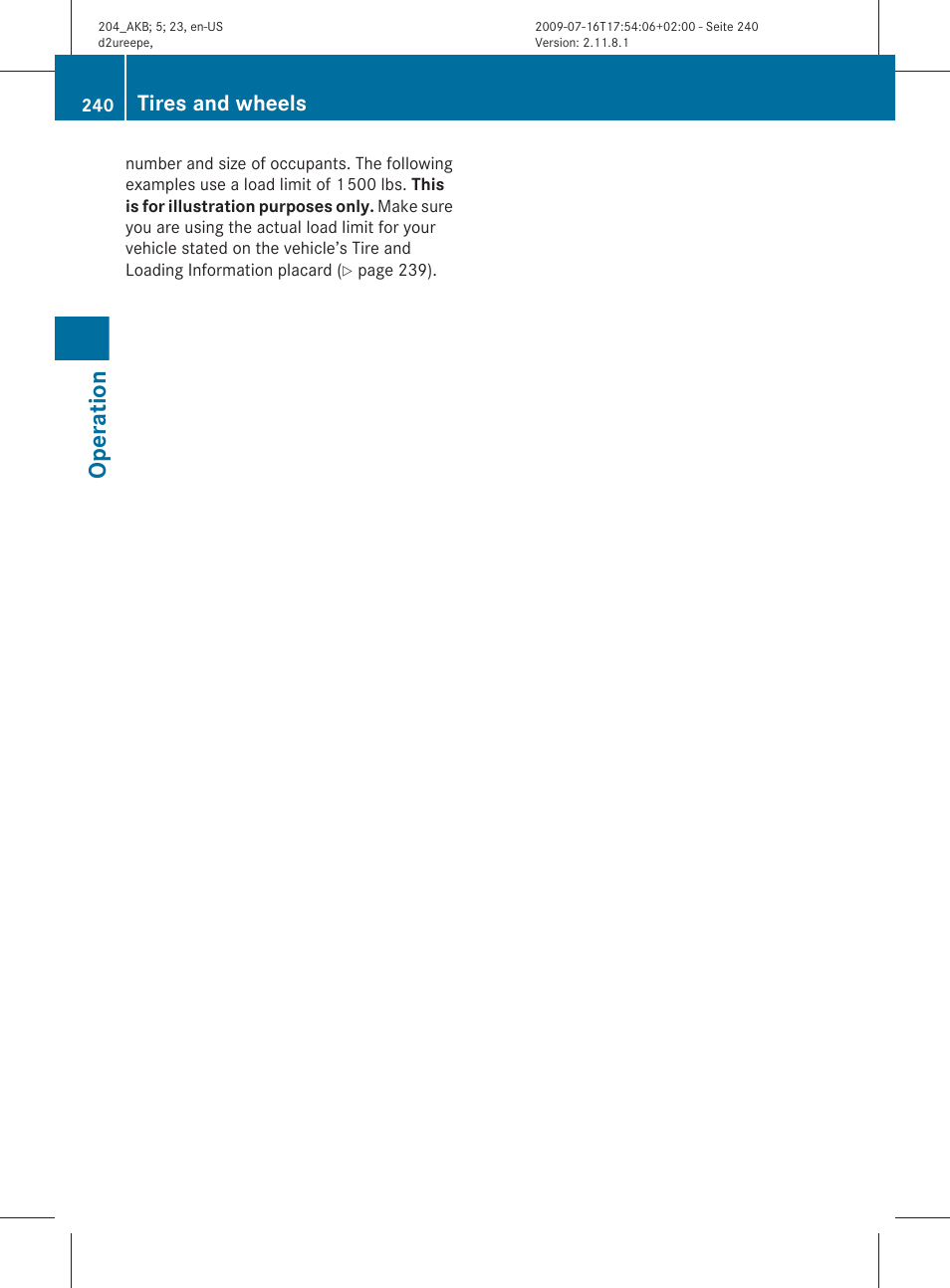 Operation, Tires and wheels | Mercedes-Benz C-Class 2010 Owners Manual User Manual | Page 242 / 364
