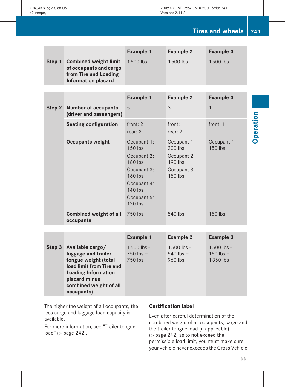 Operation, Tires and wheels | Mercedes-Benz C-Class 2010 Owners Manual User Manual | Page 243 / 364