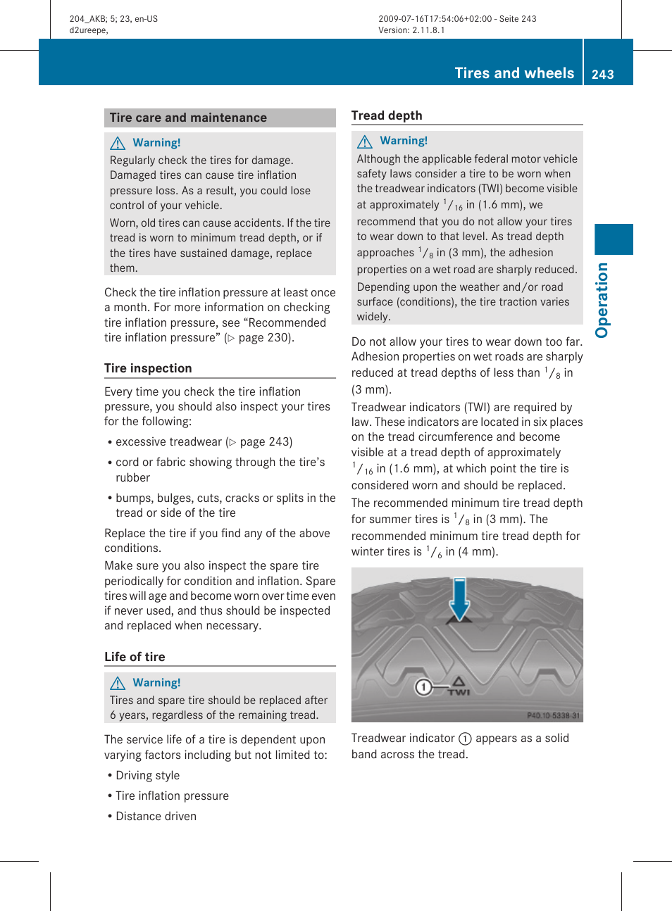 Tire care and maintenance, Operation, Tires and wheels | Mercedes-Benz C-Class 2010 Owners Manual User Manual | Page 245 / 364