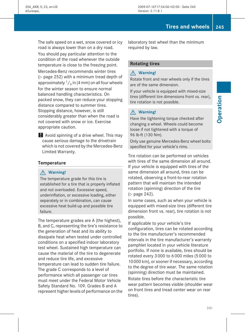 Rotating tires, Operation, Tires and wheels | Mercedes-Benz C-Class 2010 Owners Manual User Manual | Page 247 / 364